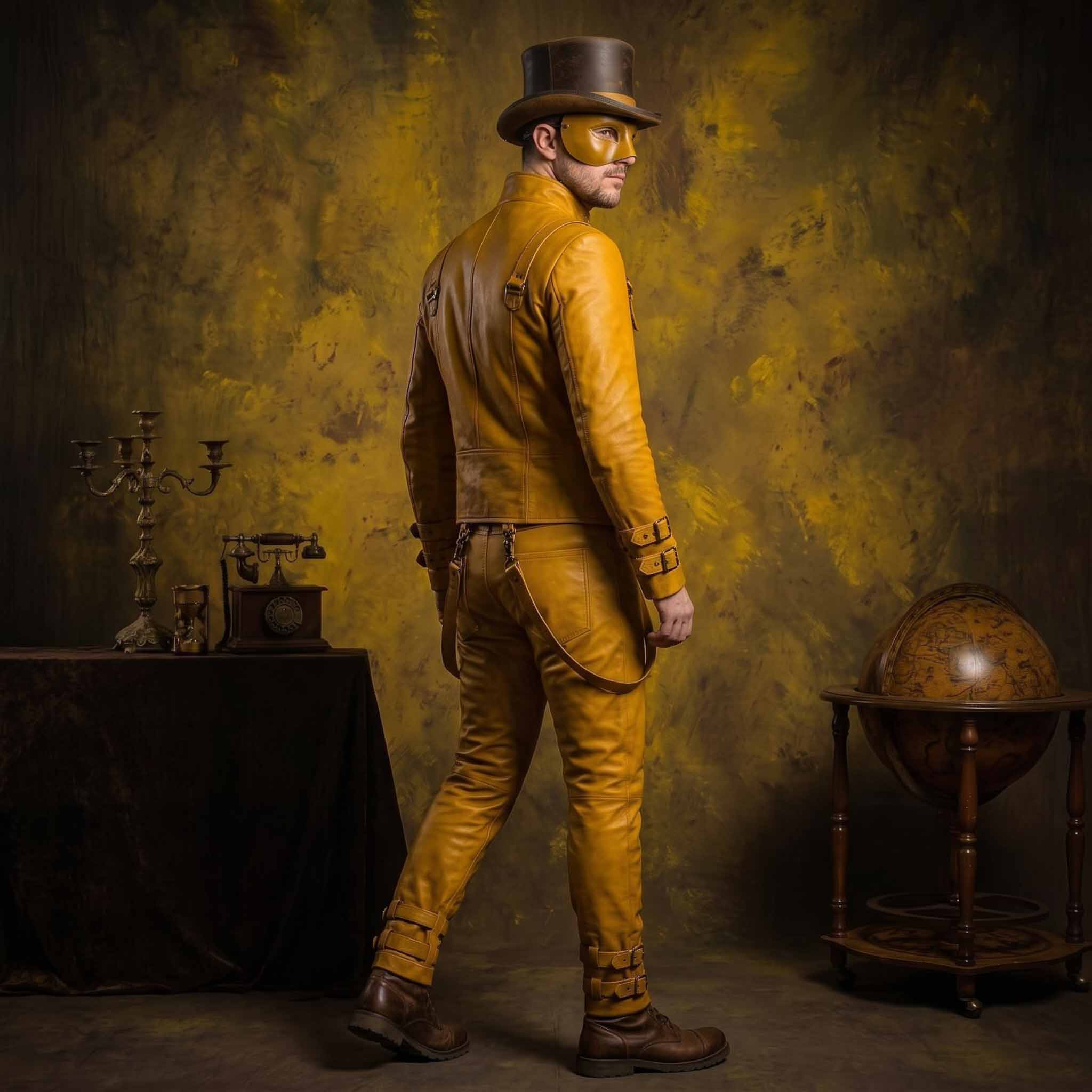 Back three quarter view of man walking away in mustard leather steampunk suit detailing center back zipper and clip-on leather suspenders