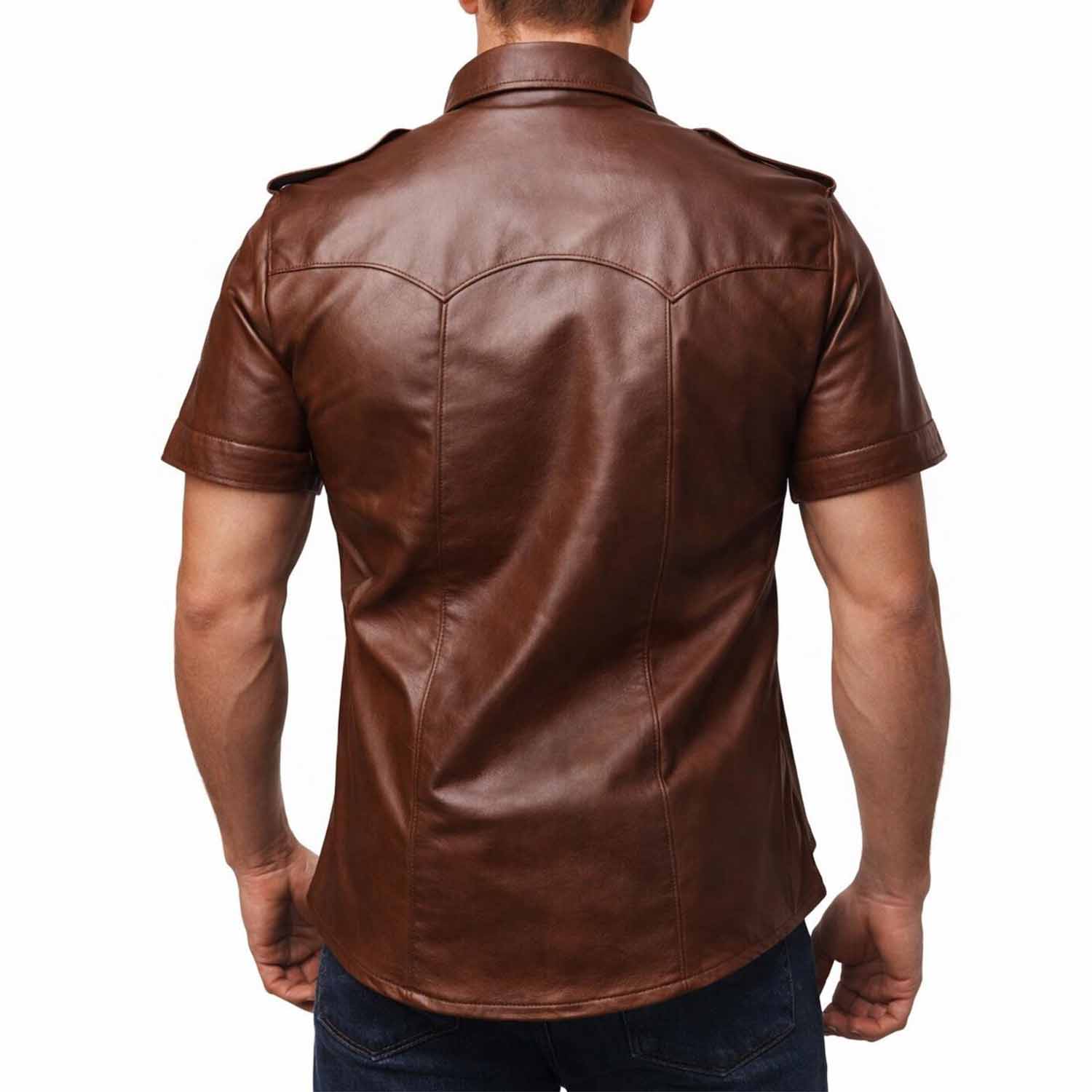 Rear view showing the tailored back yoke and vertical panel stitching on a men's brown short sleeve leather shirt.