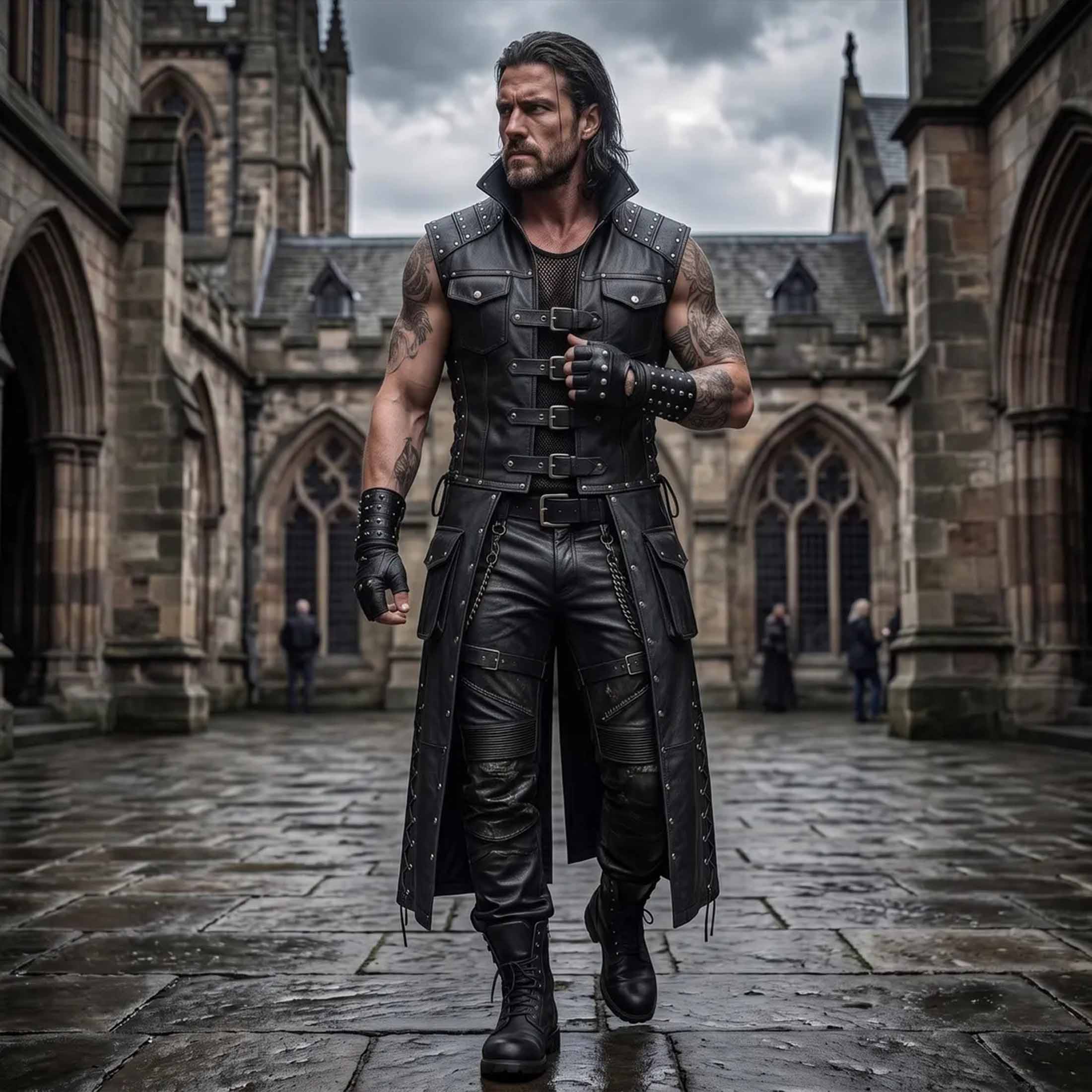 Man walking forward in black cowhide leather punk duster vest showing high collar split front panels and combat boots