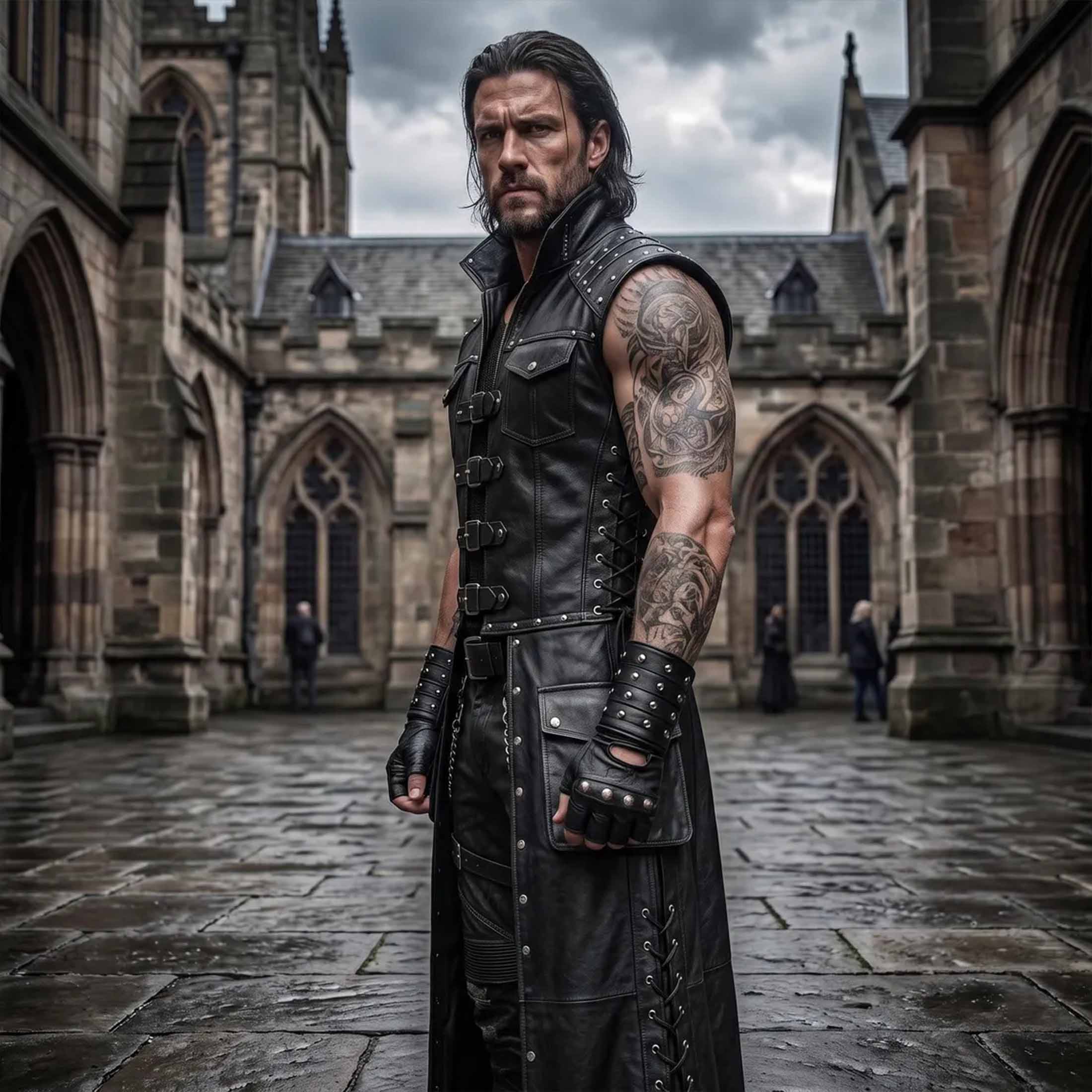 Side profile shot of gothic leather longline vest highlighting side eyelet lacing hip cargo pocket and high standing funnel collar
