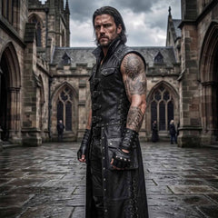 Side profile shot of gothic leather longline vest highlighting side eyelet lacing hip cargo pocket and high standing funnel collar