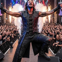 Heavy metal frontman with arms spread wide singing to cheering crowd wearing black studded leather punk biker duster vest