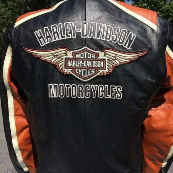 Men’s Harley Davidson Classic Black & Orange Motorcycle Leather Jacket