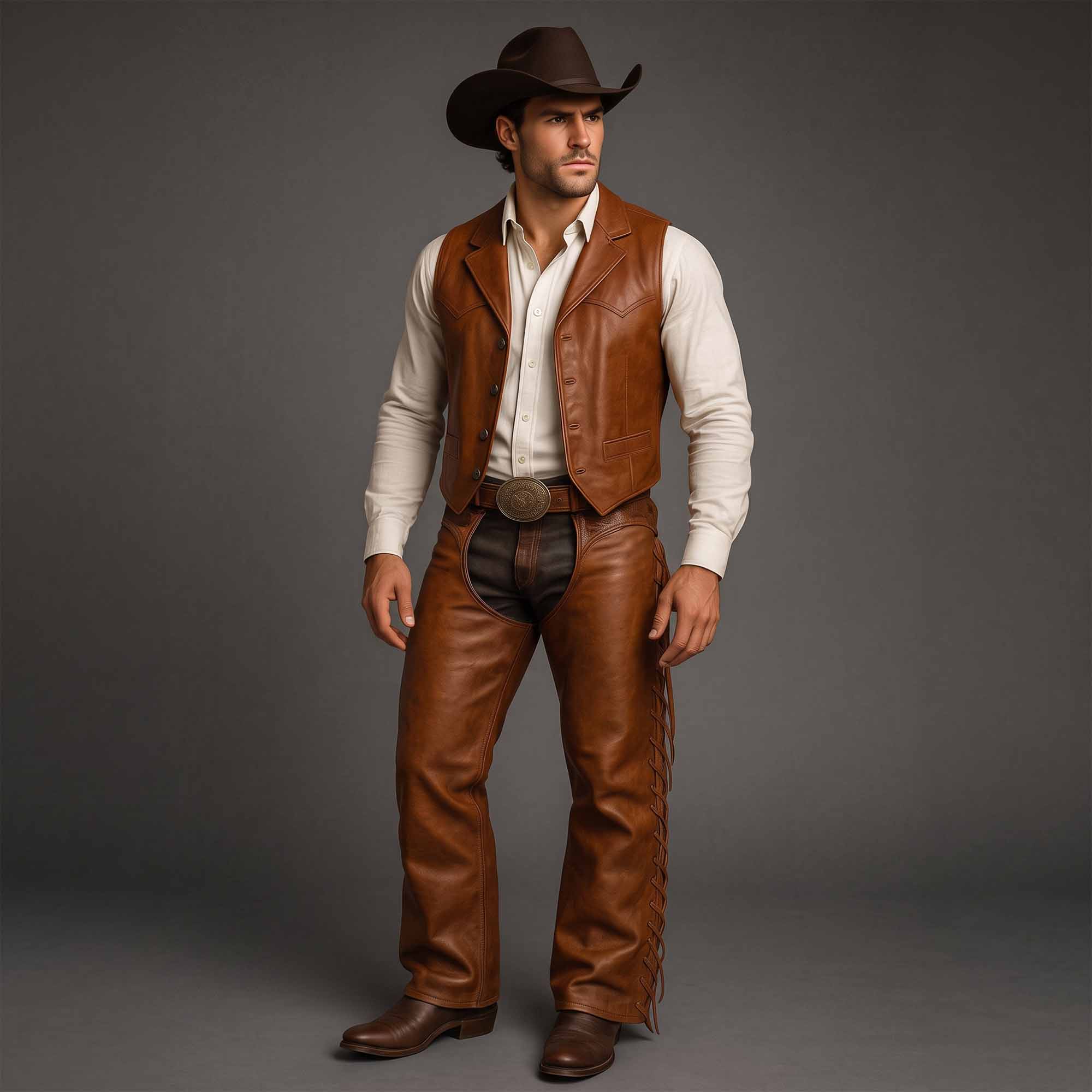 Front view of a man in a handmade brown leather cowboy outfit wearing a notch-lapel leather vest and wide-leg leather chaps with side-lace detailing.