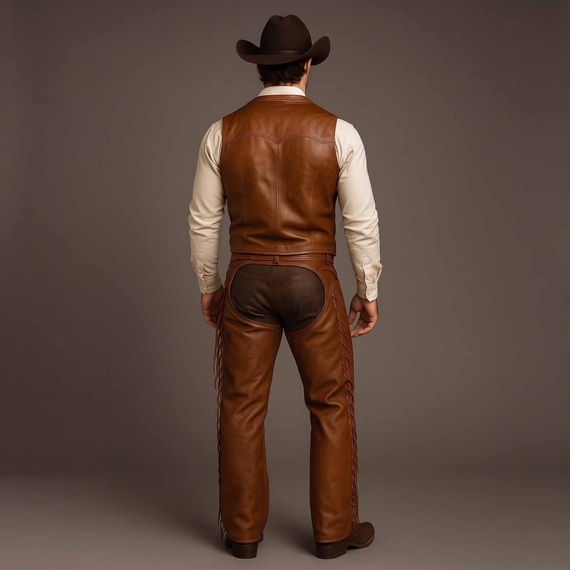 Rear view of the tailored men's brown leather Western costume showcasing the contoured back vest panel, open-seat chaps cut, and braided leg lacing.