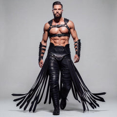 Full length front view of muscular man wearing black leather gladiator harness costume with flowing long fringe battle skirt and matching armored pants