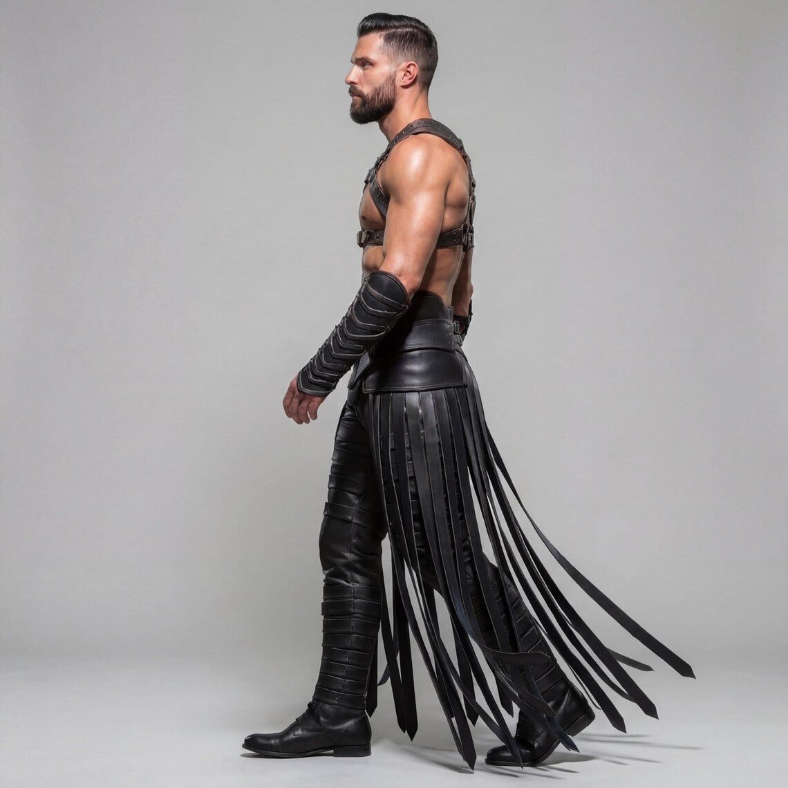 Side profile angle of man walking forward showcasing trailing long leather fringe panels, segmented leg armor ridges, and buckled chest harness