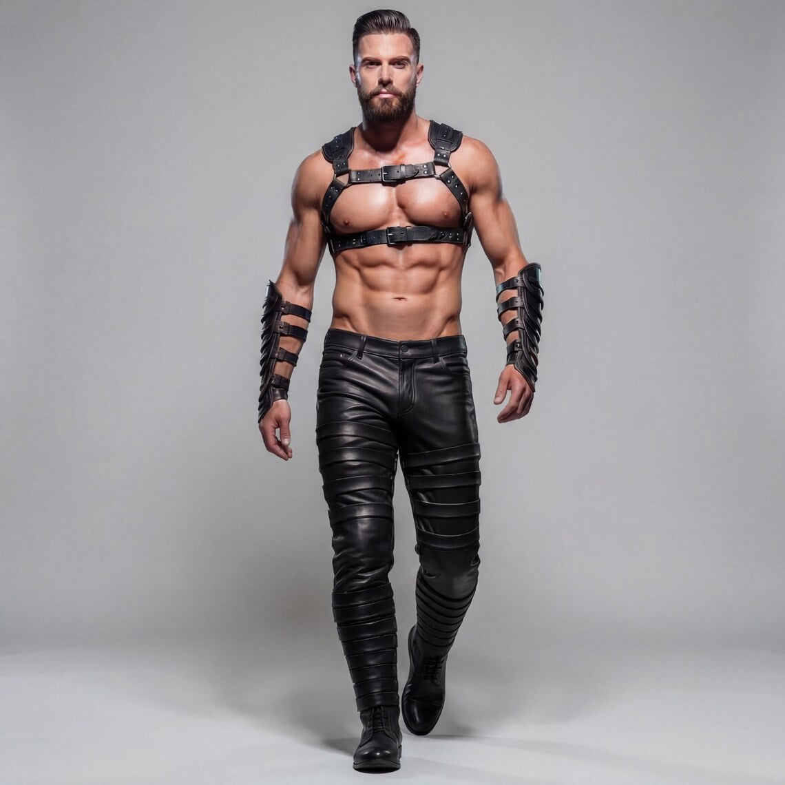 Front full length view of muscular man wearing black leather chest harness and ribbed warrior armor pants without fringe skirt