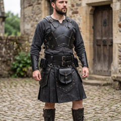 Full length front shot of man wearing handmade black leather kilt armor set with chest cuirass, bracers, and sporran pouch in medieval stone courtyard