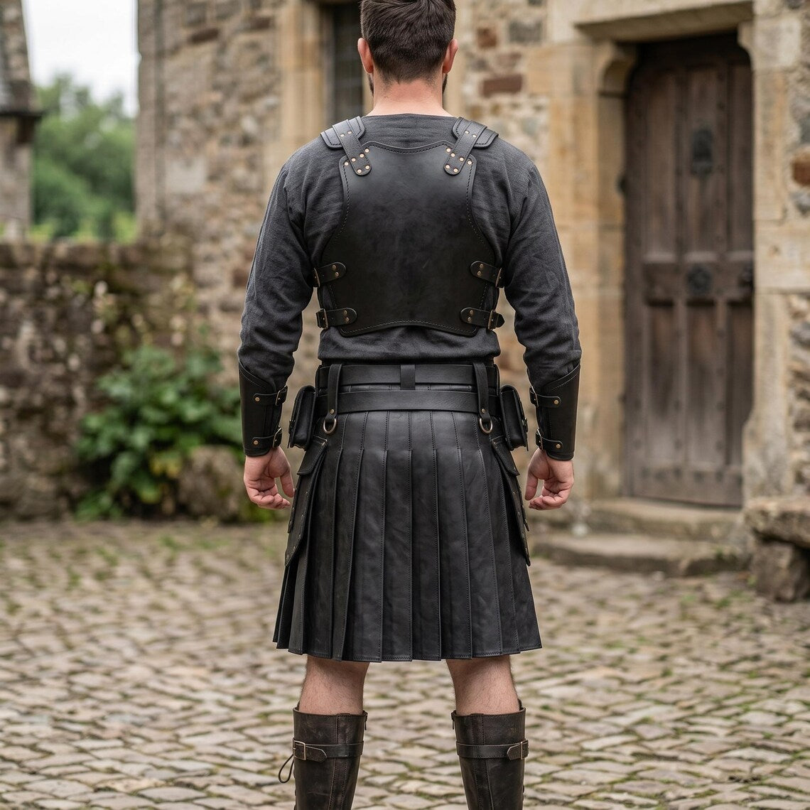 Back view of man wearing black cowhide pleated leather kilt and back plate armor with leather vambraces outside castle door