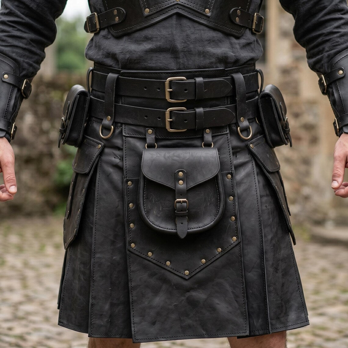 Close up view of black leather utility kilt detailing double buckle waistband, riveted front sporran pouch, and side cargo bags