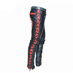 Pantalones de motorista de piel auténtica para hombre con cordones laterales y delanteros y contraste de piel roja