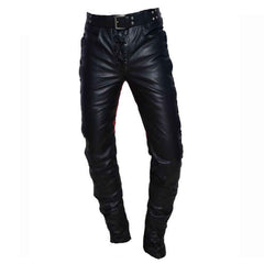 Pantalones de motorista de piel auténtica para hombre con cordones laterales y delanteros y contraste de piel roja