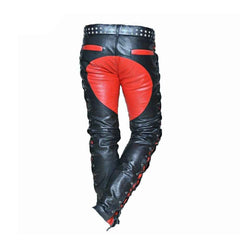 Pantalones de motorista de piel auténtica para hombre con cordones laterales y delanteros y contraste de piel roja