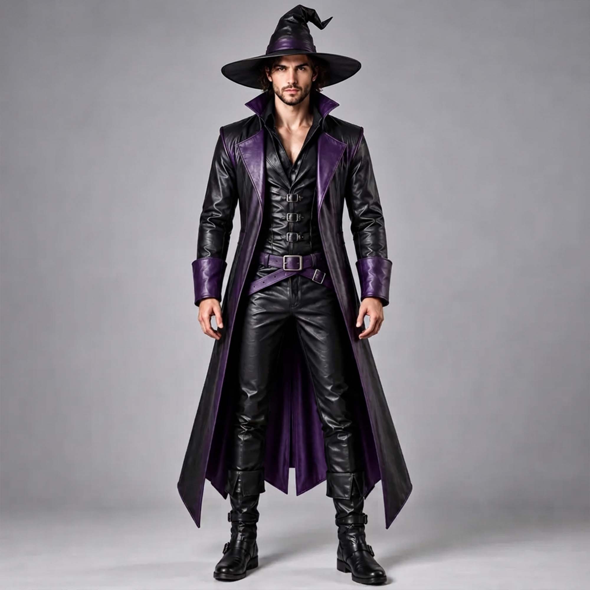 Full front view of a model wearing the complete men's purple and black leather witch costume, featuring the warlock coat, matching wizard hat, pants, and belt.