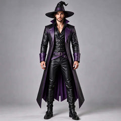 Full front view of a model wearing the complete men's purple and black leather witch costume, featuring the warlock coat, matching wizard hat, pants, and belt.