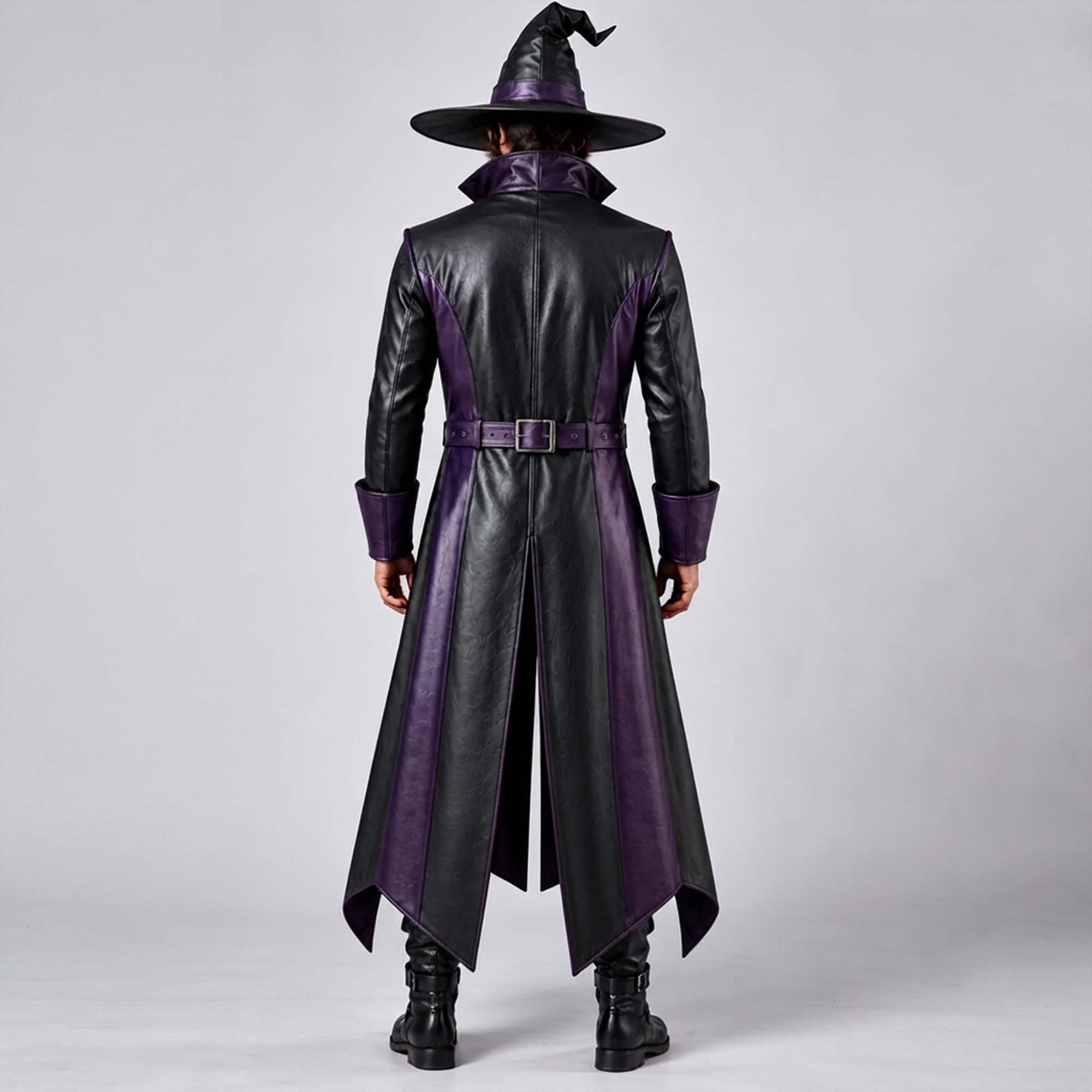 Rear view of the dark fantasy leather warlock coat and pointed witch hat, highlighting the dramatic coat tails and back belt detailing.