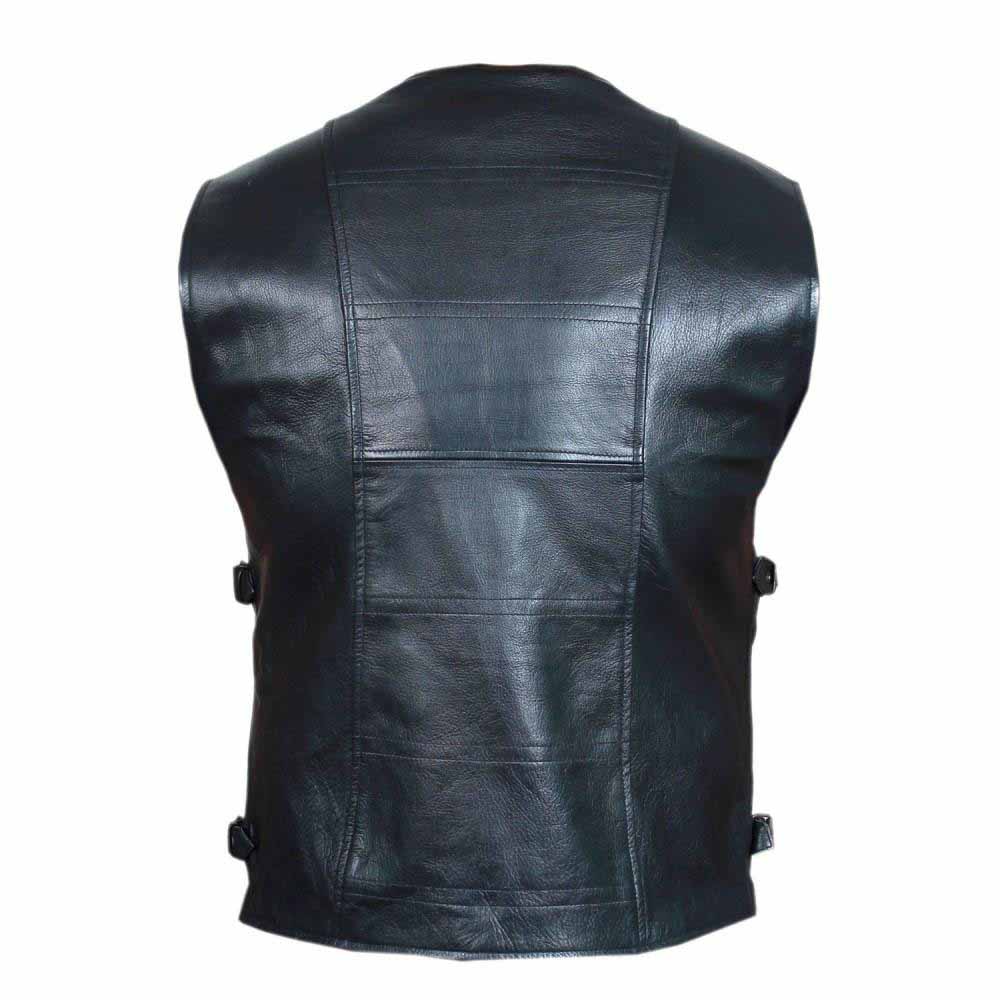 ear view of men's genuine black leather biker vest showing structured back paneling and side fit adjusters.