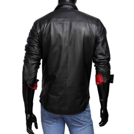 Camisa de cuero de cordero auténtico para hombre, estilo militar de policía, contraste azul y negro