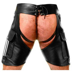Men's Real Leather Chaps Shorts Cargo Pockets Bikers Chaps With Jockstrap