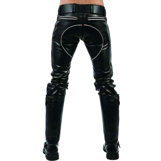 Back view of men's slim fit leather trousers displaying contrast white piping around rear seat panel and back zip.
