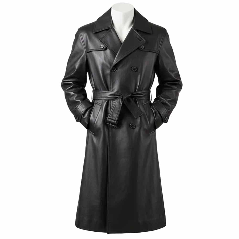 Front view of a long black genuine leather double-breasted trench coat on a mannequin featuring wide lapels and a matching leather waist belt.