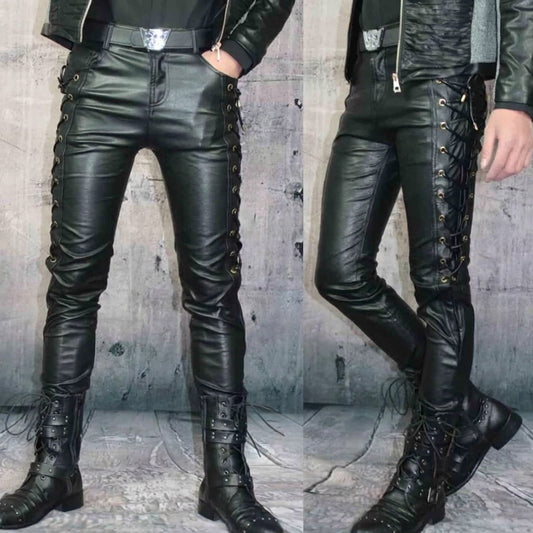 Pantalones de Cuero Genuino Slim Fit para Hombre Motociclistas con Cordones Laterales y Delanteros