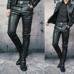 Pantalones de Cuero Genuino Slim Fit para Hombre Motociclistas con Cordones Laterales y Delanteros