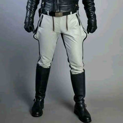 Pantalones de cuero auténtico para hombre con contraste blanco y negro, estilo "Saddleback", BLUF, para motoristas