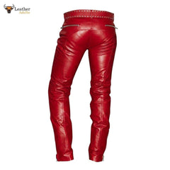 Men's Real Red Cowhide Leather Quilted Panels Slim Fit Trousers Pants Bikers Jeans Lederhosen