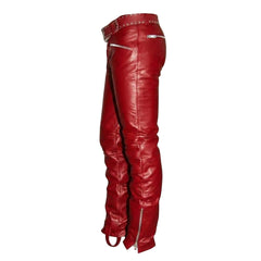 Pantalones de Cuero Genuino Rojo para Hombre con Paneles Acolchados, de Ajuste Ceñido, Estilo Motero, Tipo Jeans, Lederhosen