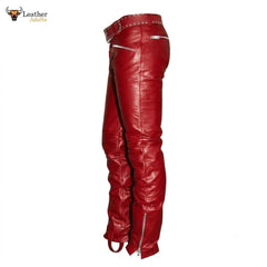 Men's Real Red Cowhide Leather Quilted Panels Slim Fit Trousers Pants Bikers Jeans Lederhosen