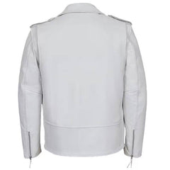 A light gray cow leather biker jacket shown from the back, featuring shoulder epaulets and zippered sleeve cuffs, on a solid white background.