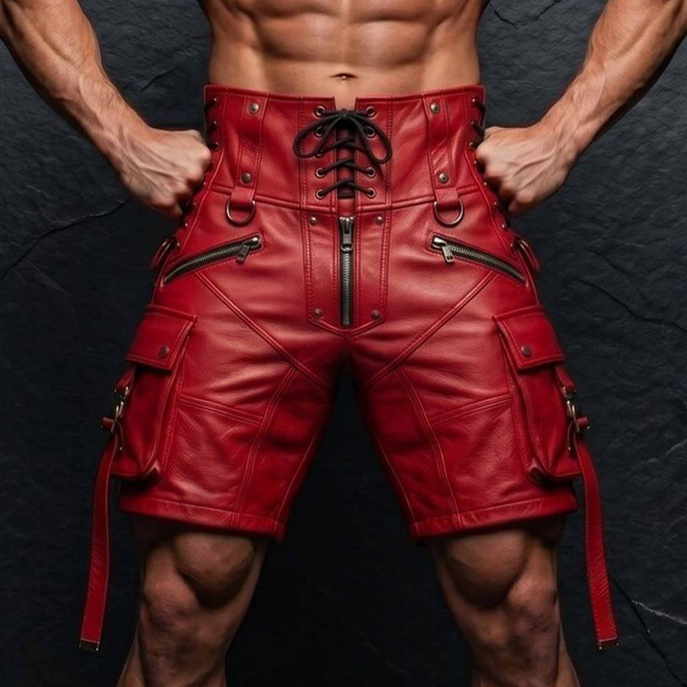 Front view of athletic man wearing handmade red leather cargo shorts featuring high waist black lace up front and side cargo pockets