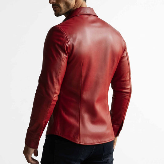 Direct back view of male model in tailored red genuine leather shirt showing clean back paneling and curved bottom hem