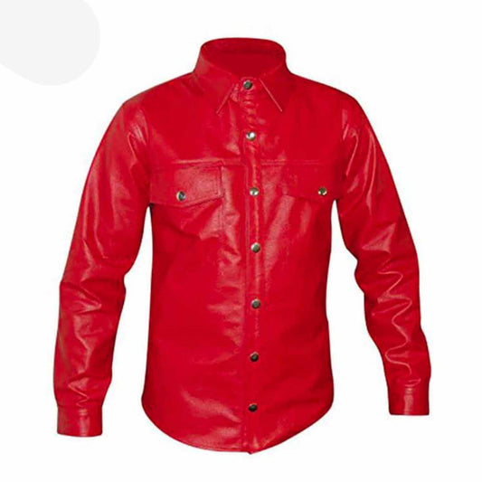 Camisa de cuero genuino rojo para hombre estilo uniforme de policía manga larga