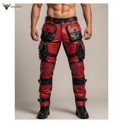 Pantalones tácticos de motorista de cuero rojo y negro para hombre