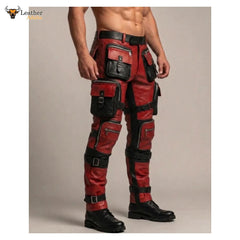 Pantalones tácticos de motorista de cuero rojo y negro para hombre