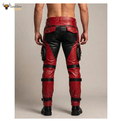 Pantalones tácticos de motorista de cuero rojo y negro para hombre