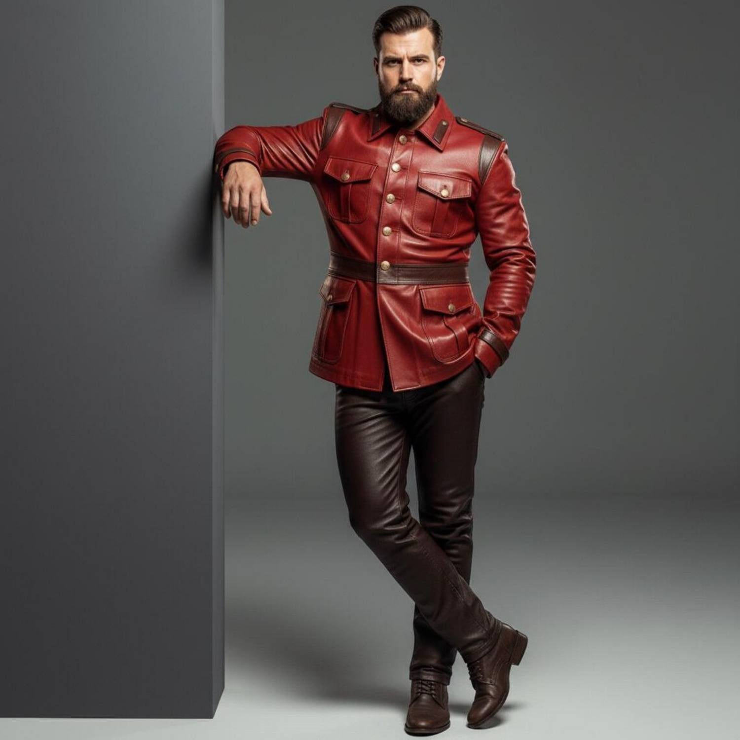 Man leaning against architectural wall wearing red leather military uniform jacket showcasing brass buttons and four utility flap pockets