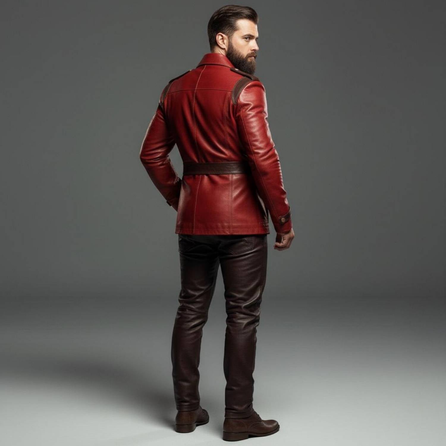 Rear three quarter view of mens red leather tunic jacket detailing back tailoring seams shoulder strap trims and brown leather pants