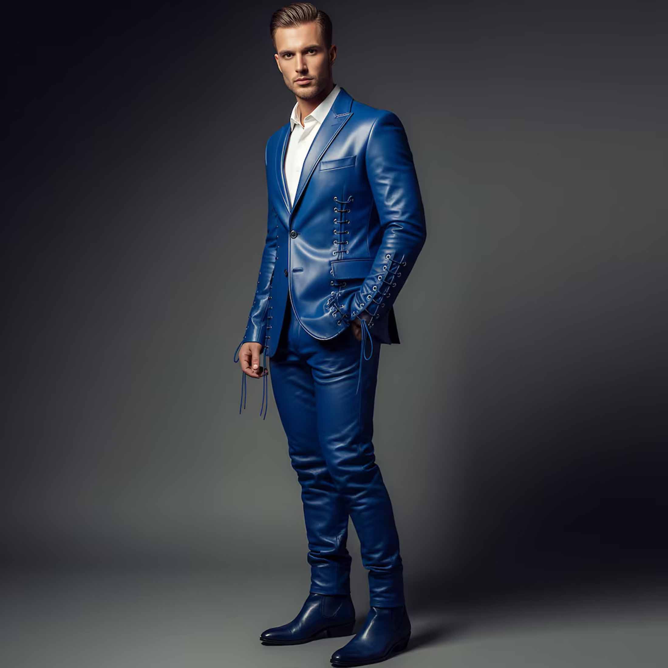Side profile angle of men designer blue leather suit highlighting lace-up sleeve cuffs and single-breasted button closure