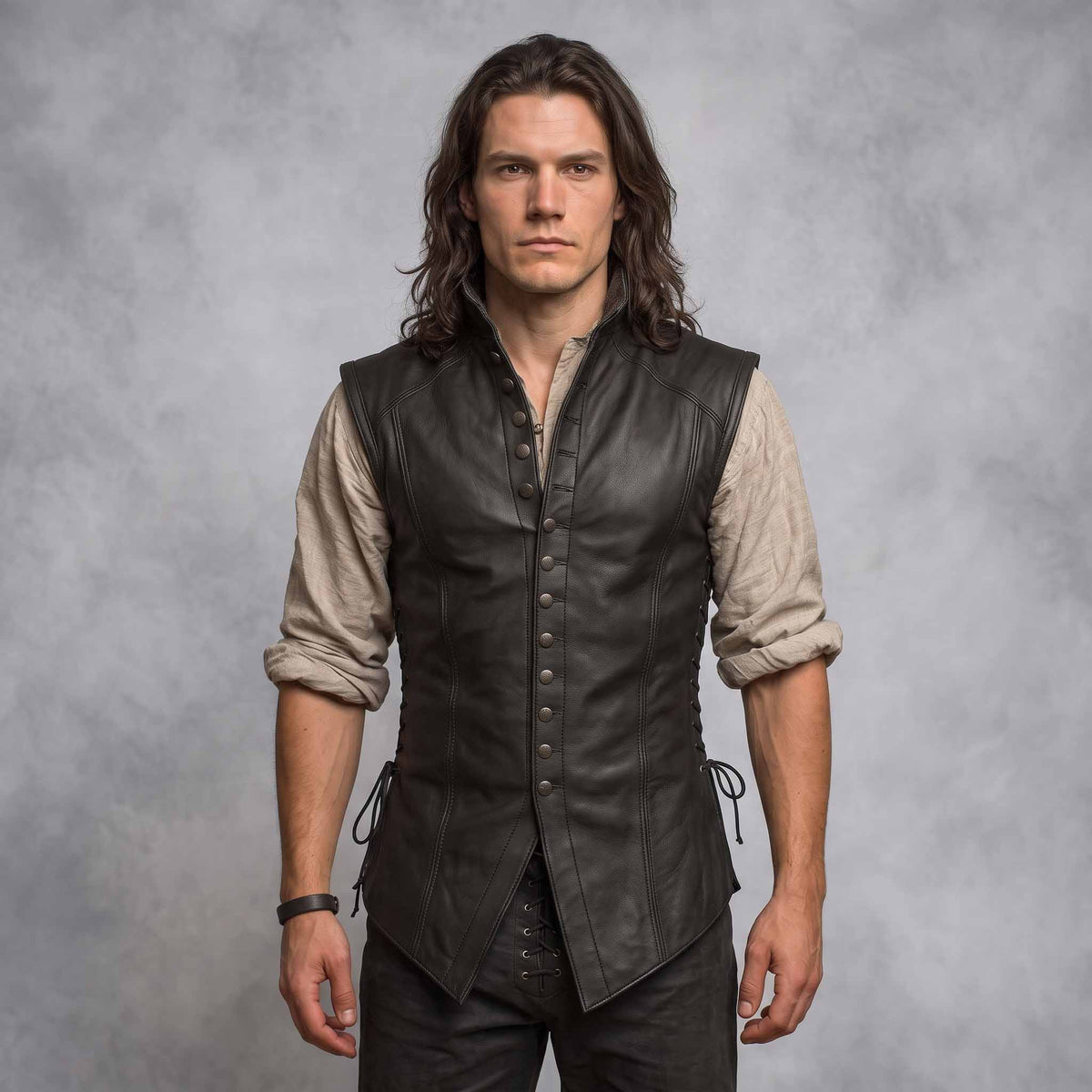 Front view of long-haired man wearing handmade black sheepskin leather jerkin doublet with button-up closure and high stand collar