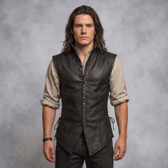 Front view of long-haired man wearing handmade black sheepskin leather jerkin doublet with button-up closure and high stand collar