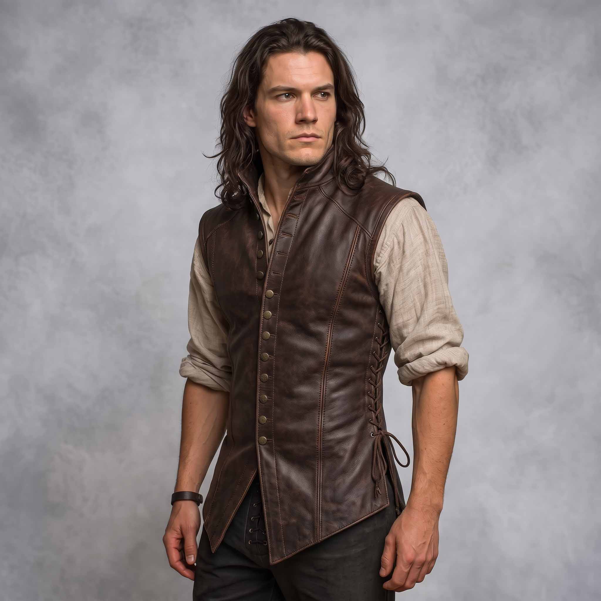 Side three-quarter angle of man wearing vintage brown leather pirate jerkin showing side eyelet cord ties and split skirt hem