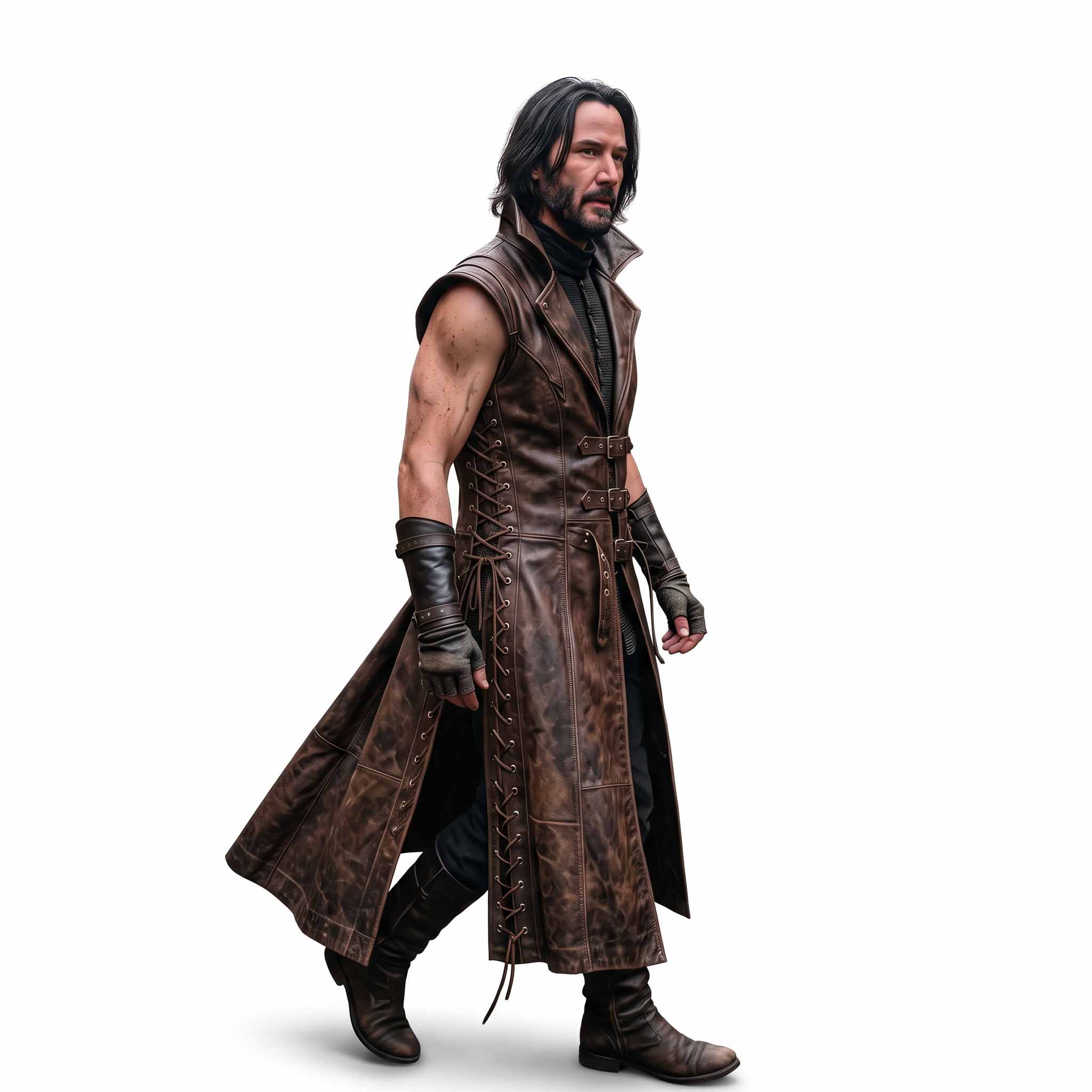 Side profile walking pose on white background showing movement of brown leather sleeveless duster vest with flank lacing and front roller buckles