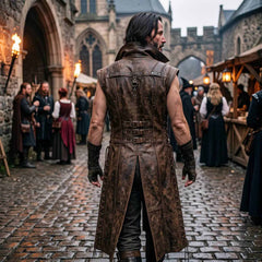 Back view of man in medieval town wearing brown leather mercenary duster vest showing riveted shoulder yoke, spine strap, and rear waist cinch buckles