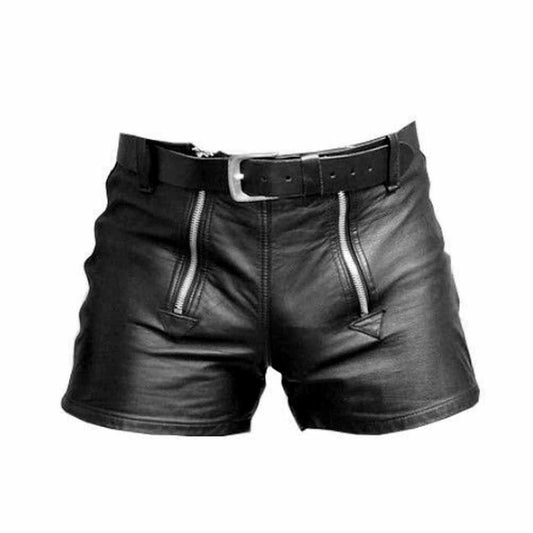 Pantalones cortos de cuero 100% auténtico para hombre con doble cremallera