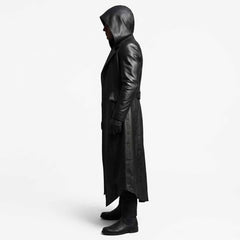 Men's Black Cowhide Leather Hooded Trench Coat | Gothic Long Winter Duster
