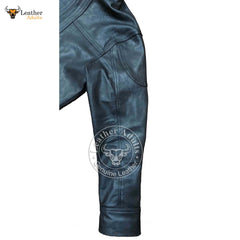 Men's Black Real Cowhide Leather Full Sleeve BLUF Shirt with Full Front Zipper